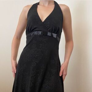 Elegant 90s Black Halter Dress with Sparkle Details and Bow